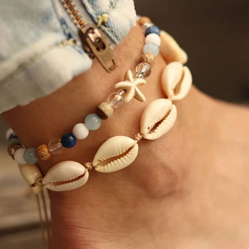 Dospita Fashion Bohemian Imitation Pearls Starfish Charms Bracelets Anklets For Women Summer Foot Chain Shell Jewelry Gift