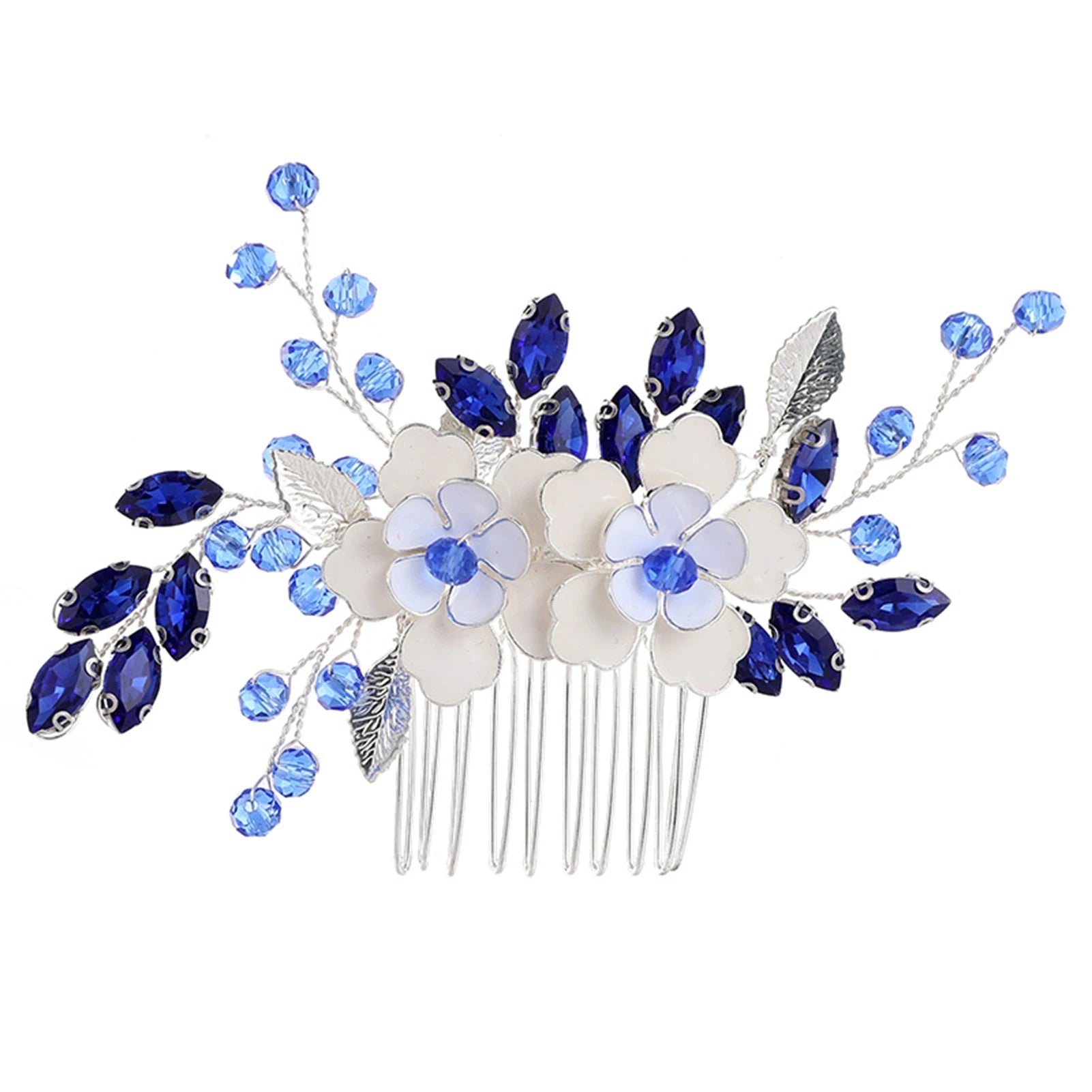 Dospita Wedding Flower Hair Combs Hairpins Clips for Bride Women Hair Jewelry Accessories Blue Rhinestone Headpiece Hair Styling Jewelry