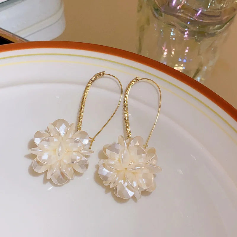 Dospita  -  Summer Long Flower Earrings Hand-made Pearl Beaded Korean Fashion Shiny Earrings Sweet Jewelry Gifts Wholesale