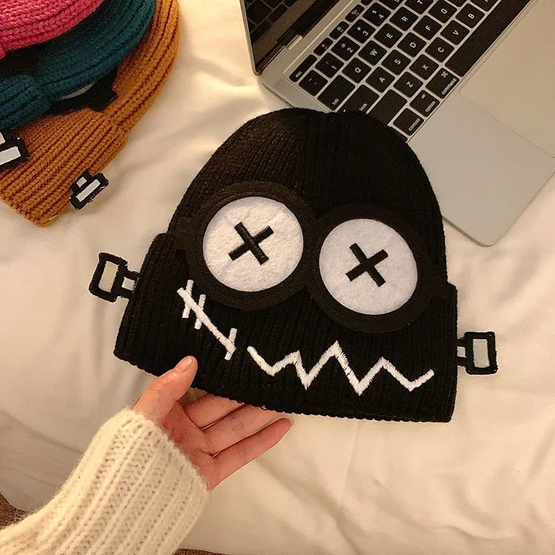 Dospita  -  Kpop Cute Cartoon Cuff Beanie Cap Women's Candy Color Big Eyes Smile Skullies Hat Fashion Streetwear Student Warm Winter Knitted