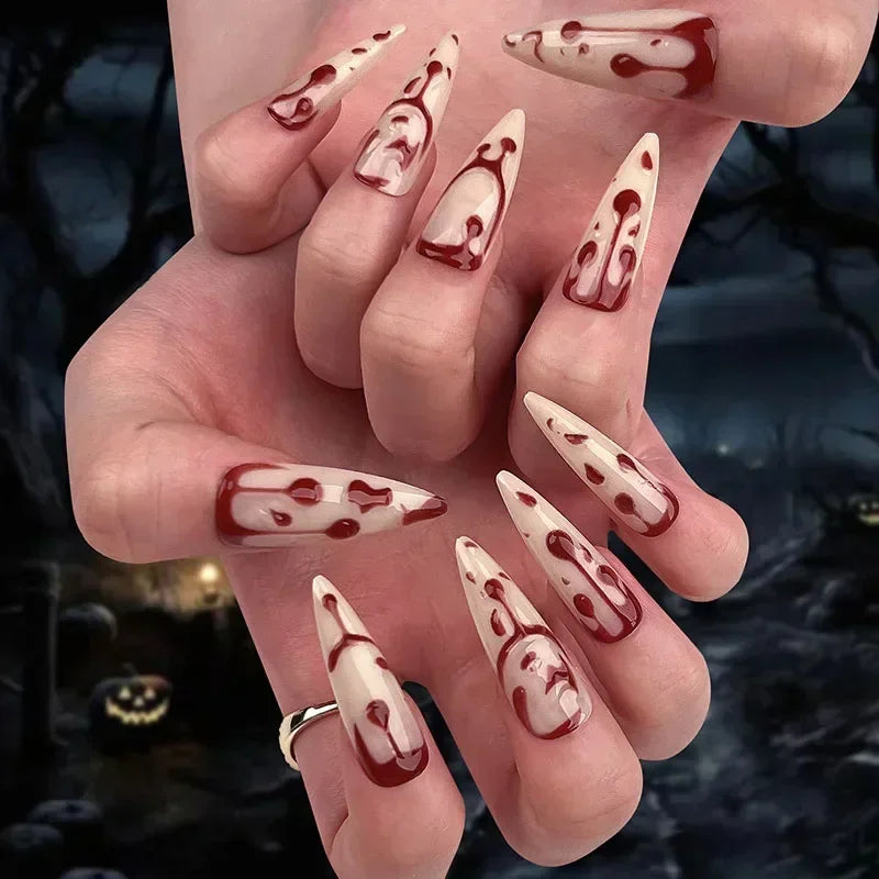 Dospita 24pcs Halloween Glossy Almond-Shaped Press-On Nails Set Long Red Blood Drop Design With 3D Fun Accents Fake Nail For Women&Girls