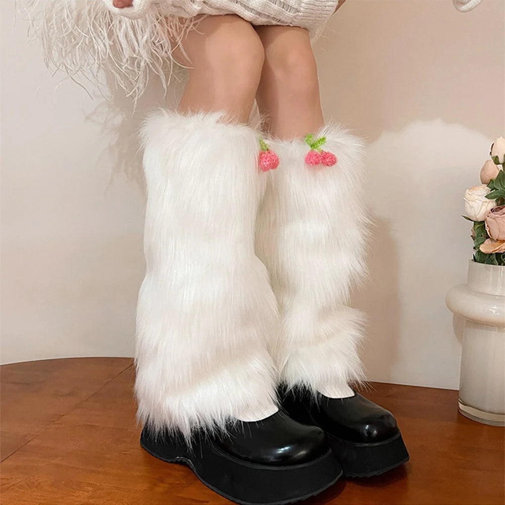 Dospita Kawaii Fur Faux Leg Warmers Cherry Lolita Japanese Women Leggings Boots Covers Y2k Girls Harajuku Fur Foot Warming New Year Gift