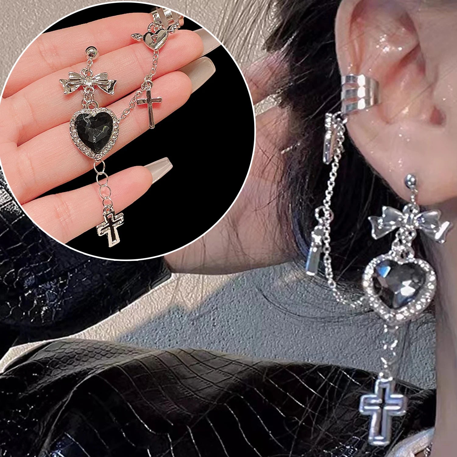 Dospita Punk Gothic Black Crystal Heart Cross Chain Ear Cuff for Men Women Hip Hop Metal Cross Ear Clip On Earrings Jewelry Gift