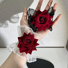 Dospita Gothic Lace Rose Ruffle Bracelet Black White Lolita Wrist Cuffs Decor Steampunk Mesh Lace Dorations Wrist Sleeve Accessories