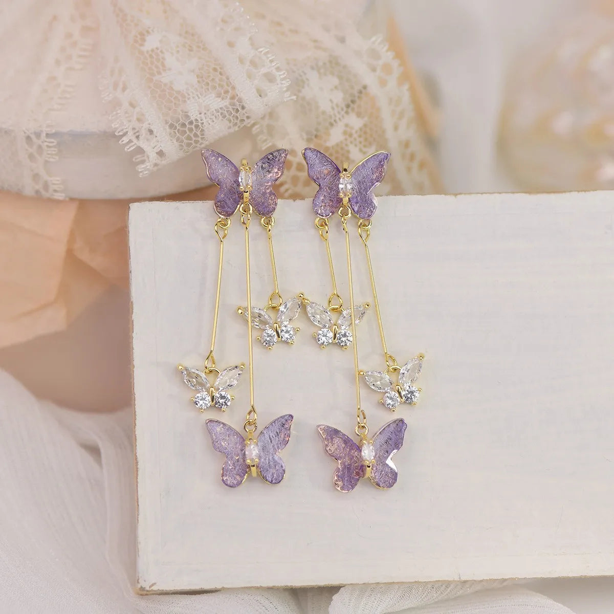 Dospita  -   Needle Purple Butterfly Long Tassel Earrings For Women Jewelry Trending Korean Fashion Luxury Crystal Earrings