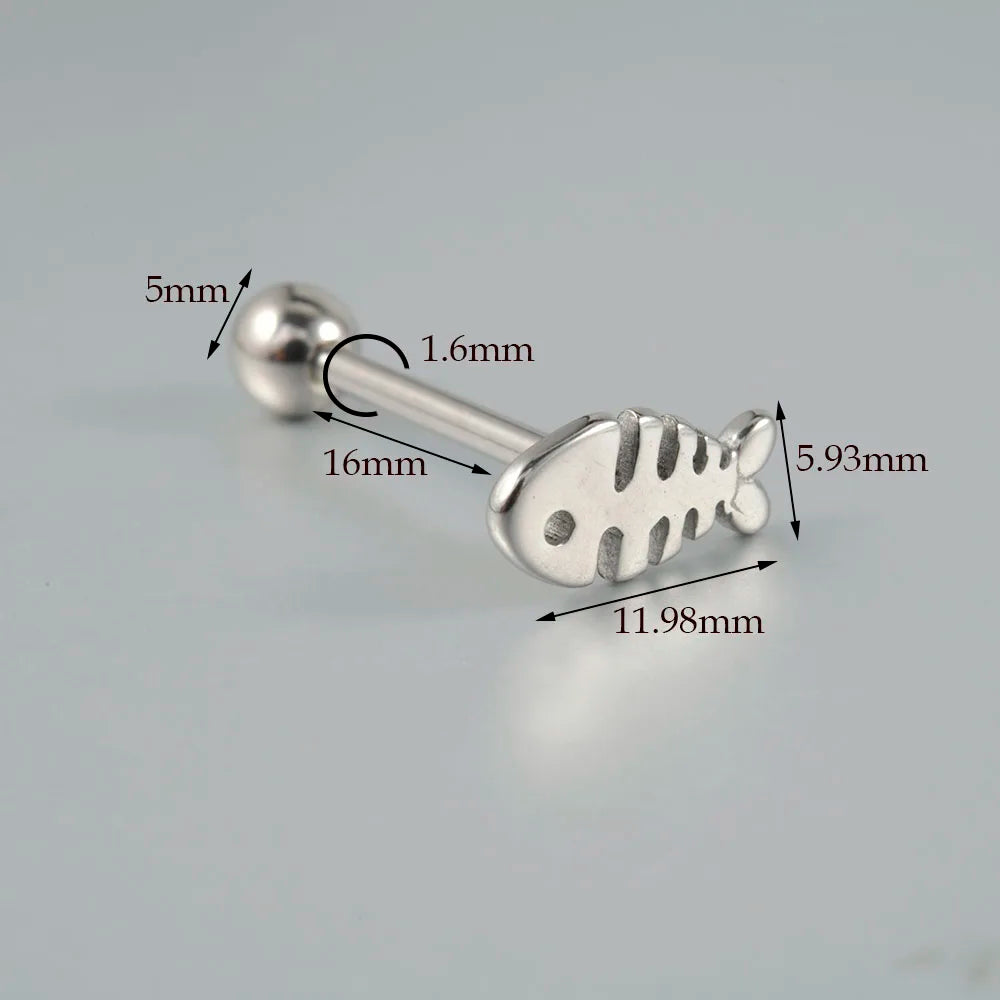 Dospita 1PC Punk External Thread Surgical Steel Fish Tongue Rings Silver Color Ear Tragus Cartilage Cheek Piercing Jewelry 14g