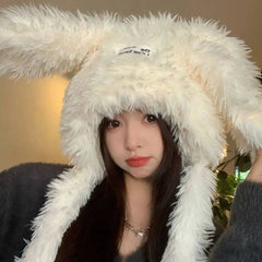 Dospita Sweet Long Rabbit Ears Fuzzy Bunny Hat Cute Keep Warm Women's Plush Caps Soft Ear Protection Winter Beanies Hats Ladies