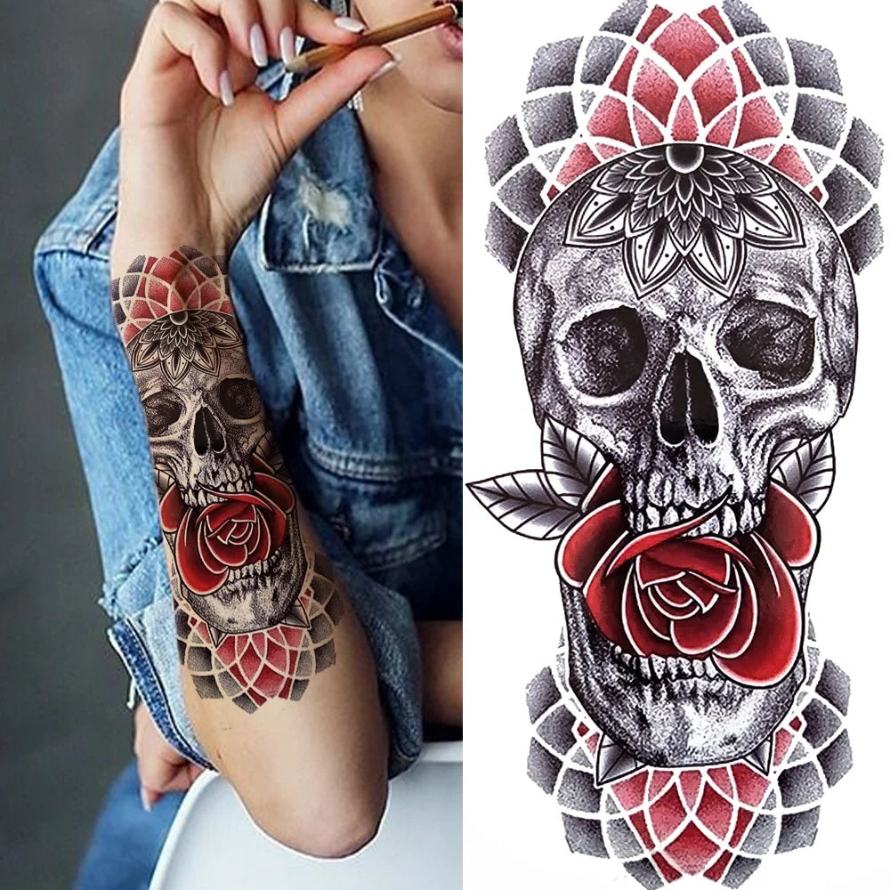 Dospita  -  1 Sheet Black Forest Tattoo Sticker for Men Woman Child Tiger Wolf Skull Flower Temporary Tattoo Skull King Animal Fake Tattoo