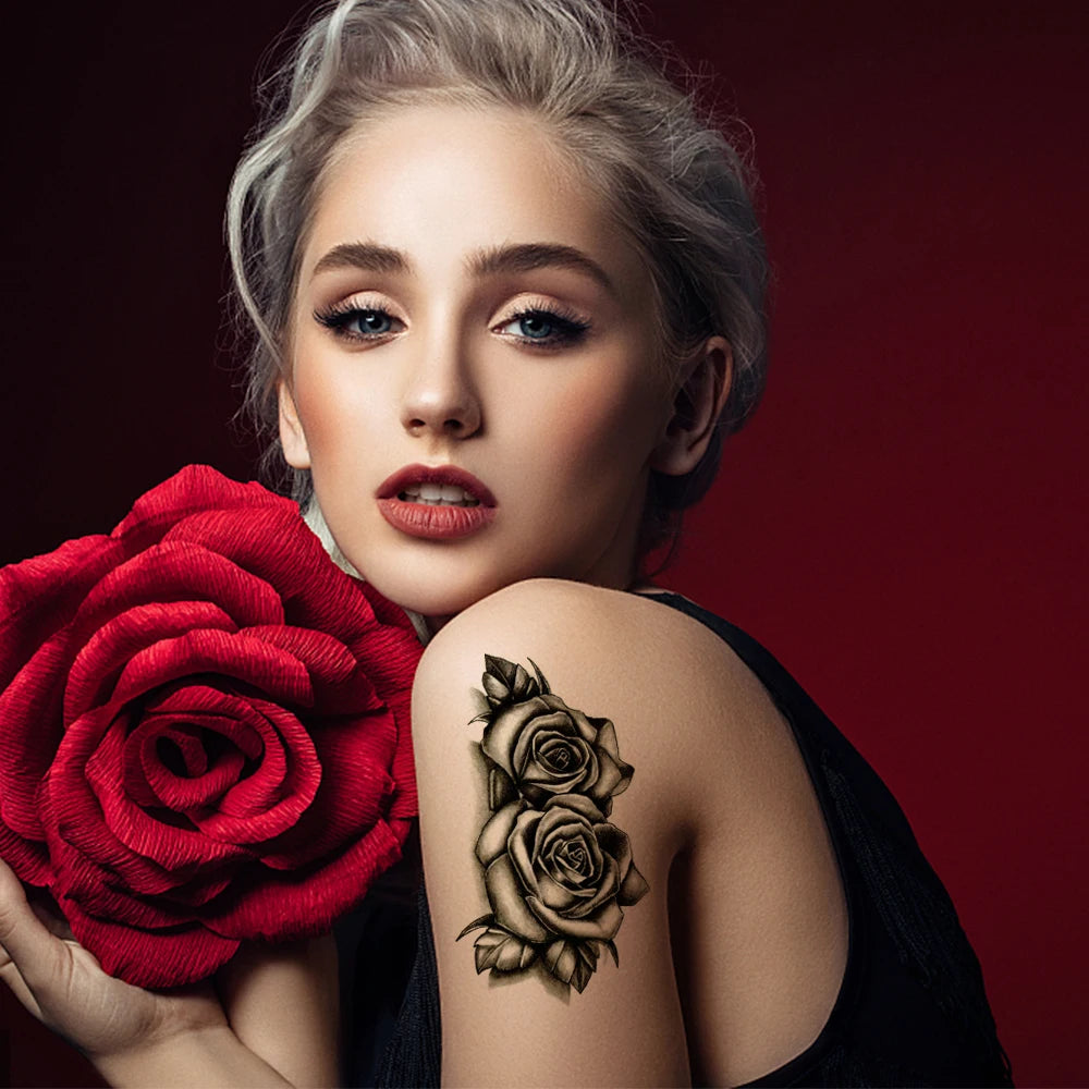 Dospita Rose Flower Temporary Tattoo Fake Tattoos Body Arm Neck Hand Tattoo Fashion Water-proof Realistic Sexy Body Art Tattoo  Sticker