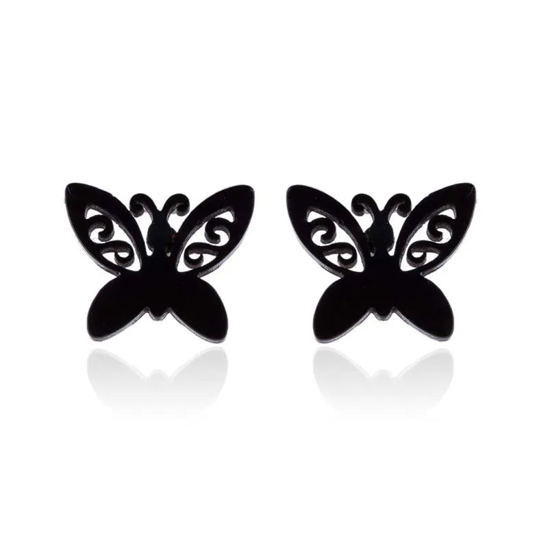 Dospita 1Pair Black Ear Piercing Jewelry Romantic Stainless Steel Flower Butterfly Stud Earrings for Women Girl Teen Jewelry Accessories