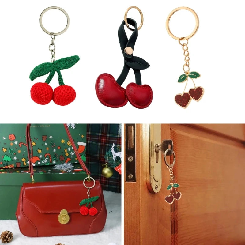 Dospita  -  Fashionable Cherry Charm Pendant Handbag Accessories Girls Key Rings Double Heart Keychain for Wallet Bag and Phone