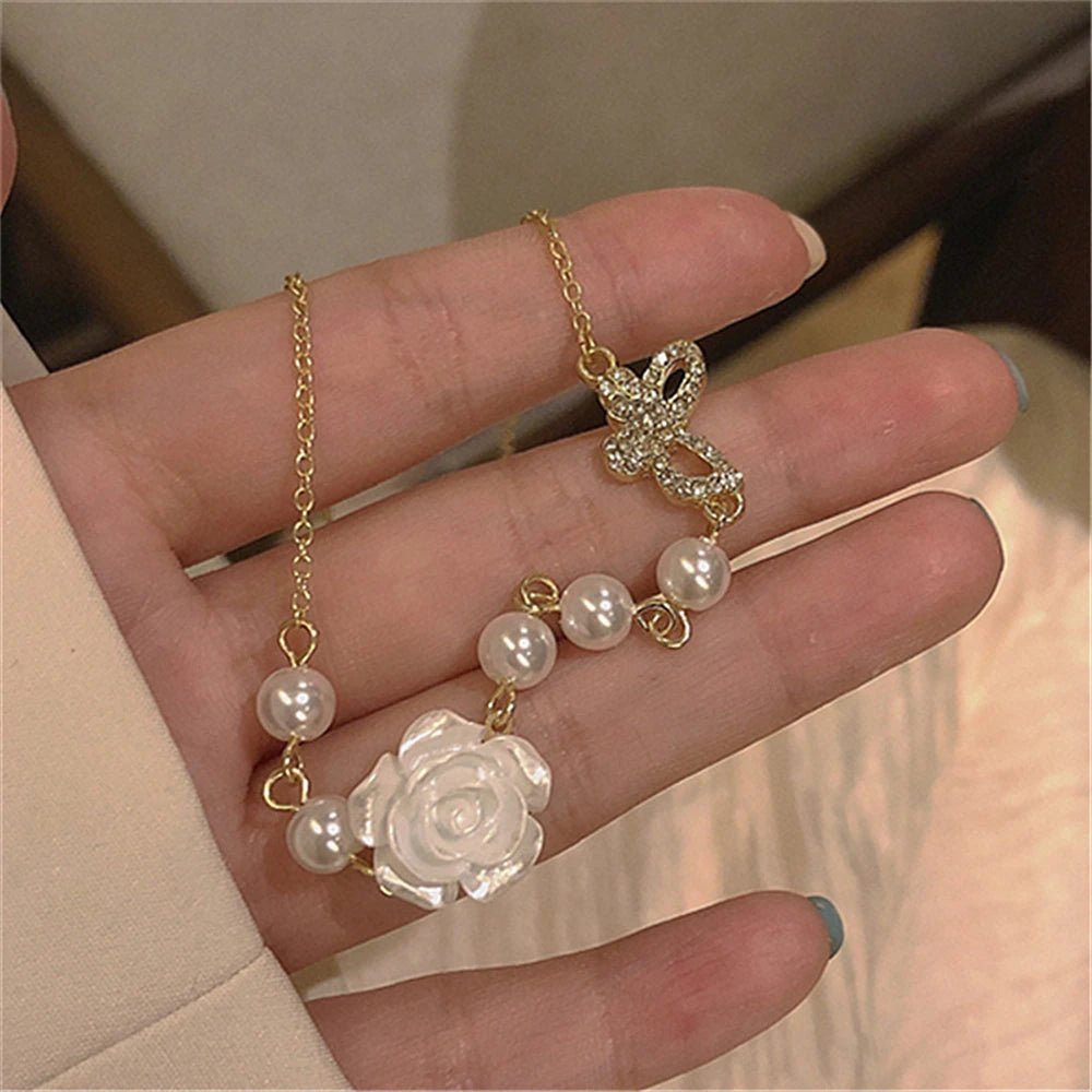 Dospita New Rose Flower Pearl Choker Necklace Female Gold Plated Rhinestone Butterfly Pendant Clavicle Chain Korea Fashion Jewelry