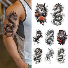 Dospita  -  8pcs Waterproof Temporary Tattoo Sticker Flying Dragon Owl Rose Flowers Dark Animal Body Art Arm Fake Tattoos Sleeve Women Men