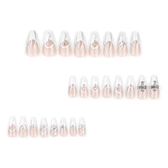 Dospita 24pcs French Style White Cross Press on Nail Silver Flame Diamond Decoration Fake Nail for Women&Girl Removable Wearable Nails