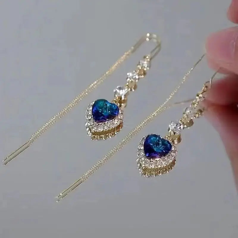 Dospita  -  Exquisite Blue Heart Shaped Zircon Earrings for Women Luxury Long Tassel Ear Line Dangle Earring Ladies Wedding Party Jewelry