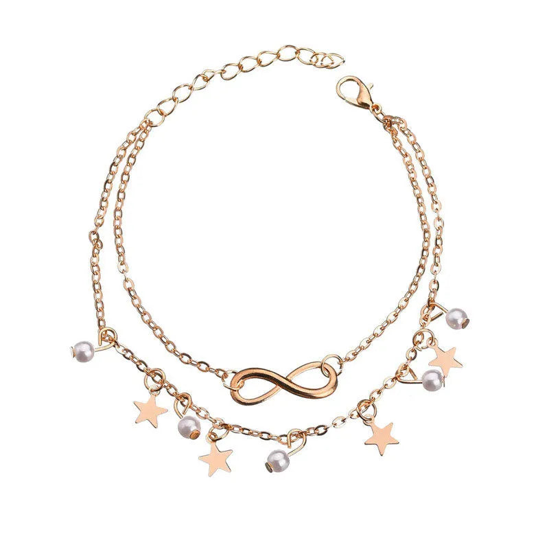 Dospita Boho Gold Color Star Infinity Anklets Fashion Multilayer Foot Chain New Simulated Pearl Anklet Bracelet for Women Beach Jewelry