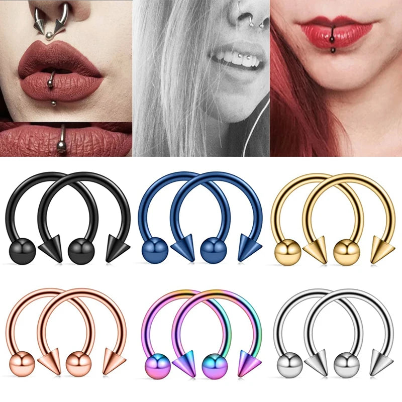 Dospita  -  2Pcs 16G Cone Septum Ring Stainless Steel Horseshoe Nose Piercing Spike Lip Rings Silver Color Tragus Helix Earring Body Jewelry