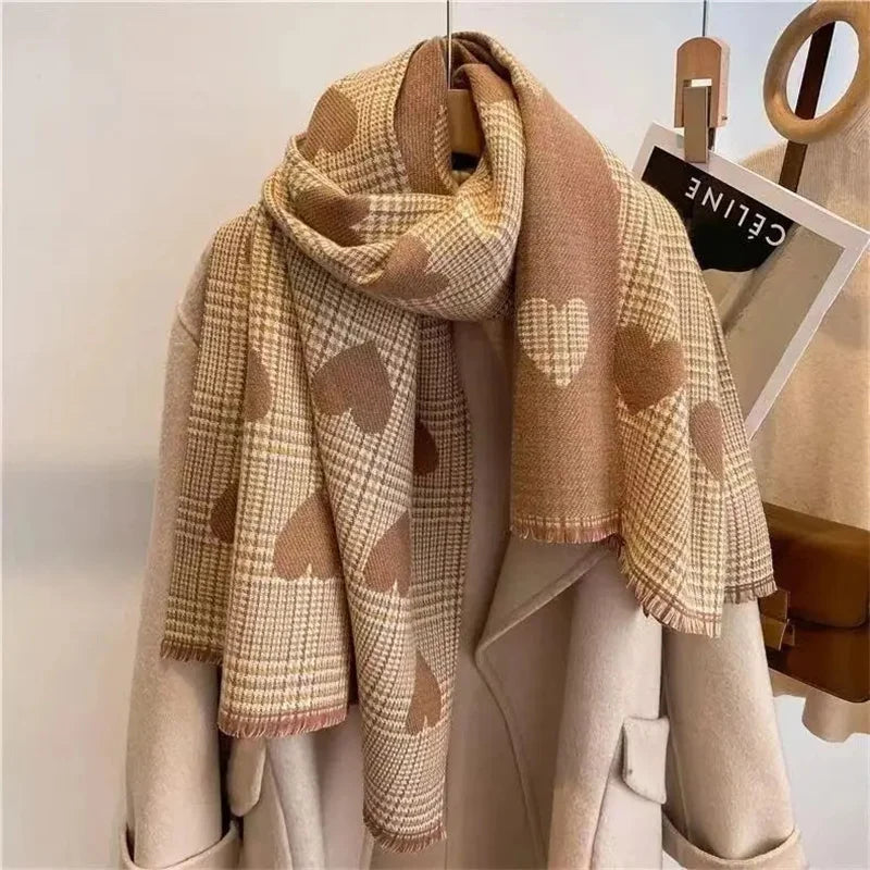 Dospita  -  New Double Side Cashmere Scarf Winter Women's Love Heart Plaid Ladies Long Thickened Warm Knitted Scarf Hijab Stole