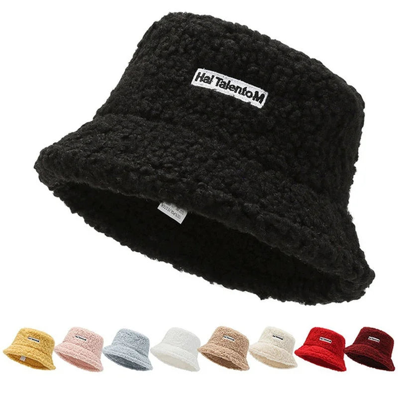 Dospita Lamb Wool Bucket Hat for Women Solid Color Harajuku Teddy Fishing Fisherman Hat Autumn Winter Bob Outdoor Warm Panama Cap