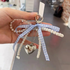 Dospita  -  Y2K Lattice Ribbon Bowknot Pearls Bag Pendant Charm Heart Keychain Elegant Beaded Keyring Sweet Key Chain Phone Key Bag Hangings