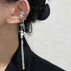 Dospita Vintage Chinese Style Artificial Jade Tassel Flower Ear Clip No Piercing Earring Trendy Punk Metal Ear Cuff Clip Earring