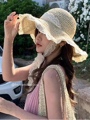 Dospita Parent Child Straw Hat ins Lace up Hollow Grass Knitted Hat Women's Summer outing Sun Protection Beach Beach Beach Sun Hat Lace