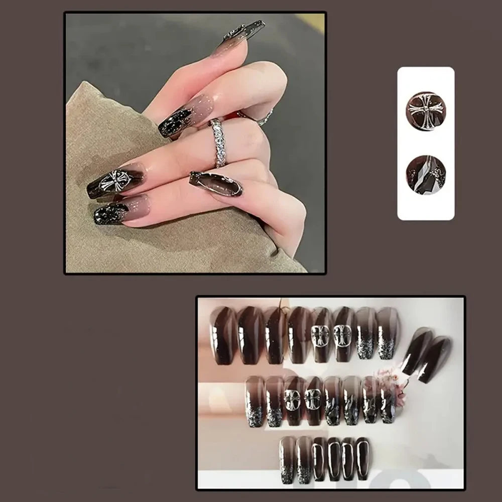 Dospita Black Square Press On Nails with 3D Cross Designs - Full Cover Acrylic False Nails for Women and Girls Detachable Long Fake nail