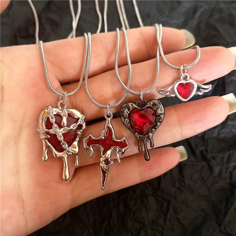 Dospita Vintage Y2k Red Love Heart Cross Pendant Snake Chain Necklace For Women Men Halloween Aesthetic Gothic Rave Jewelry Accessories