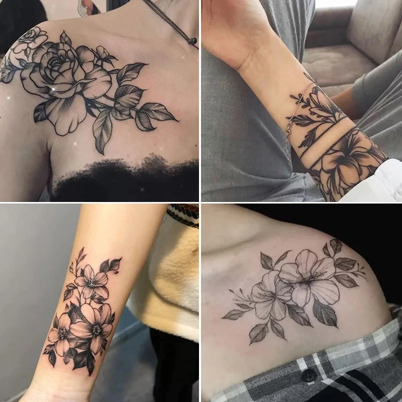 Dospita  -  12pcs Plain Flower Tattoo Stickers Waterproof Female Long-lasting Dark Black Clavicle Sexy Arm Tattoo Large Pattern Temp