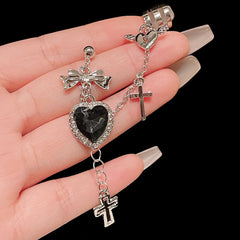 Dospita Punk Gothic Black Crystal Heart Cross Chain Ear Cuff for Men Women Hip Hop Metal Cross Ear Clip On Earrings Jewelry Gift