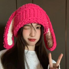 Dospita Cute Long Rabbit Ear Hats Women Winter Thick Warm Bomber Hat Casual Knitted Woolen Bonnet Handmade Punk Beanies Grunge Y2k Hat