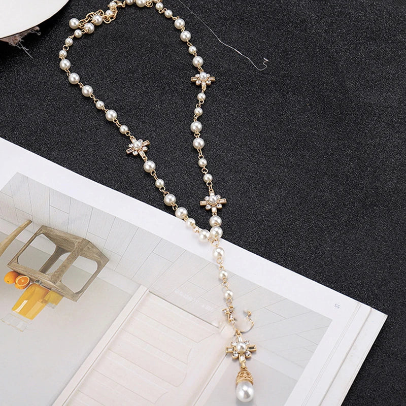 Dospita Korean Fashion Pearl Long Double Layer Pendant Necklace Sweater Chain Accessories