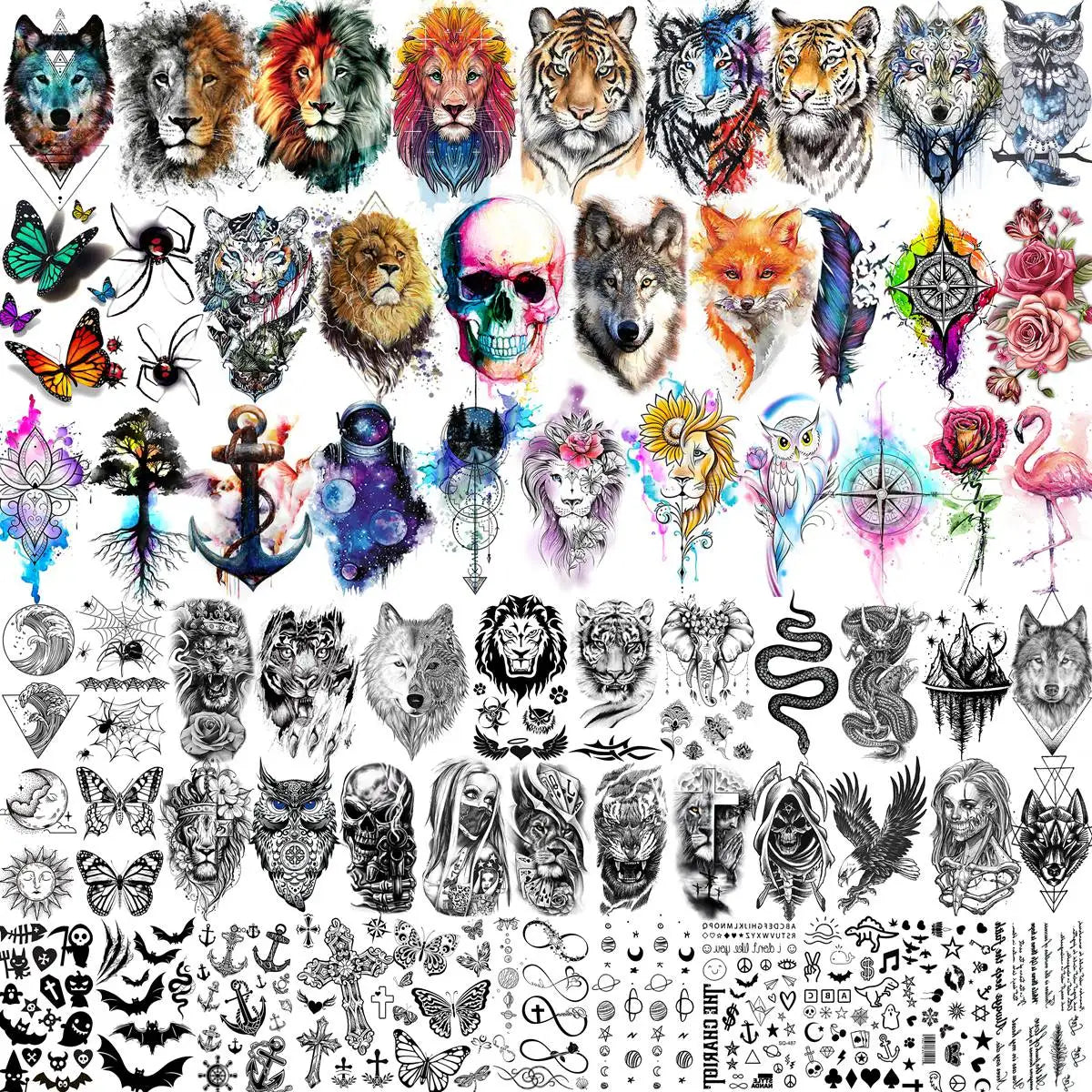 Dospita  -  66 Sheets 3D Watercolor Animals Temporary Tattoos For Women Men Tattoo Paper Fake Owl Lion Wolf Tiger Snake Tatoos Long Lasting