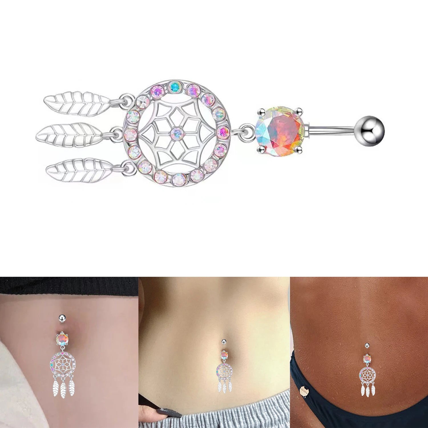 Dospita Surgical Steel Crystal Zircon Tassels Pendant Belly Button Piercing Ring Belly Button Ring Body Jewelry Sexy Women