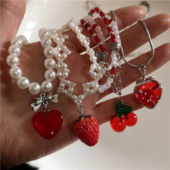 Dospita  -  Y2K Strawberry Pendant Necklace Choker for Women Children Jewelry Imitation Pearl Neck Clavicle Chain Cute Accessories New