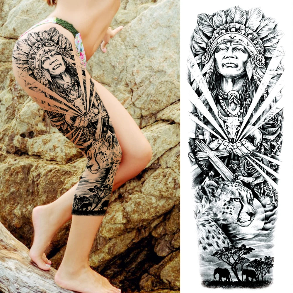 Dospita  -  Black Forest Wolf Temporary Tattoos Sleeve For Men Women Fake Soldier Compass Eye Tattoo Sticker Full Arm Washable Tatoos Sets