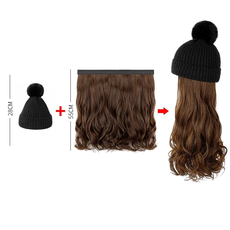 Dospita Natural Wigs Hat Women Long Curly Wig Hats Autumn Detachable Wig Beanies Fashion Casual Woolen Wig Bonnets Winter Wig Bonnet