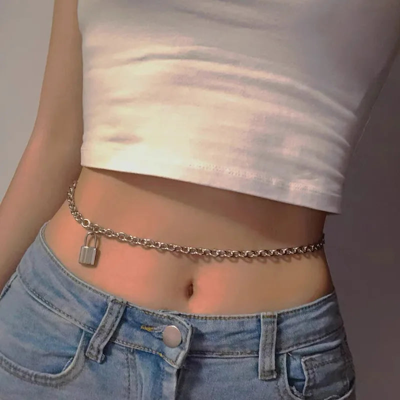 Dospita  -  Women New Titanium Steel Lock Pendant Waist Chain Adjustable Punk Style Body Chain Pants Chain Waist Chain BD7049