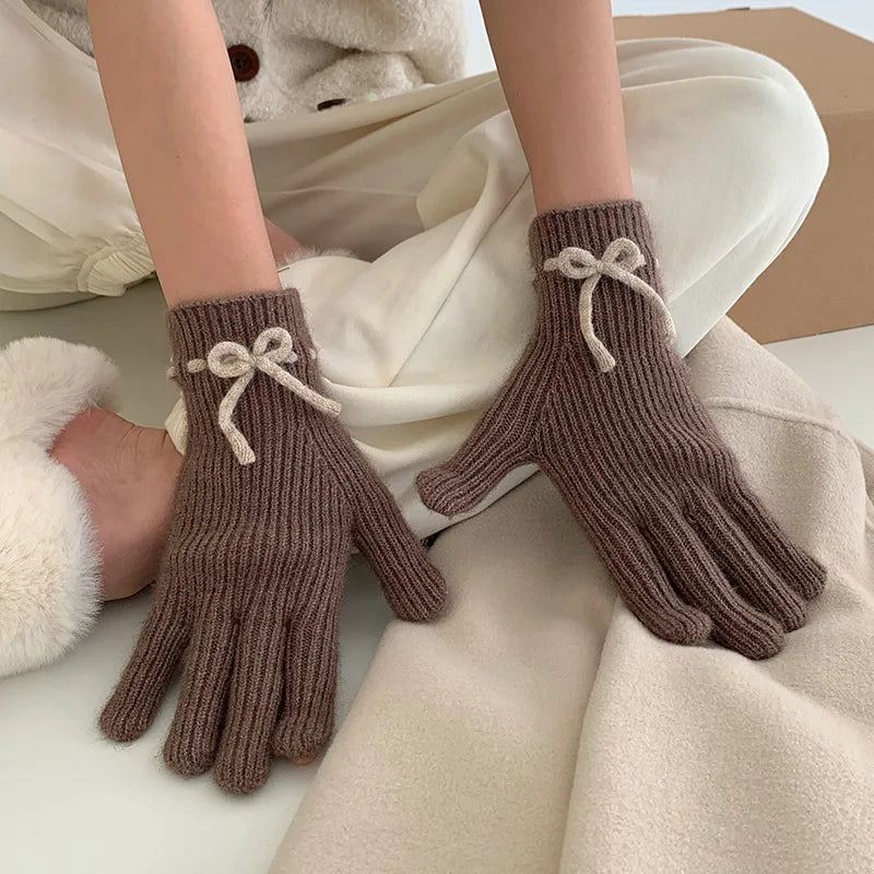 Dospita Korea Knitted Bow Gloves Lolita Winter Warm Fullfinger Touch Screen Gloves Kawaii Japanese Jk Y2k Mittens Cycling Accessories