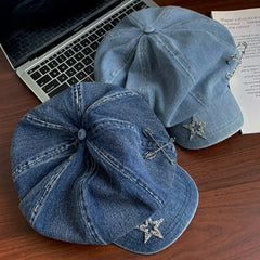 Dospita Painter Hat Y2K Vintage Denim Hat Sweet Cool Star Pattern Berets Cap Big Head Circumference Rough Edge Women Artist Hat Outdoor