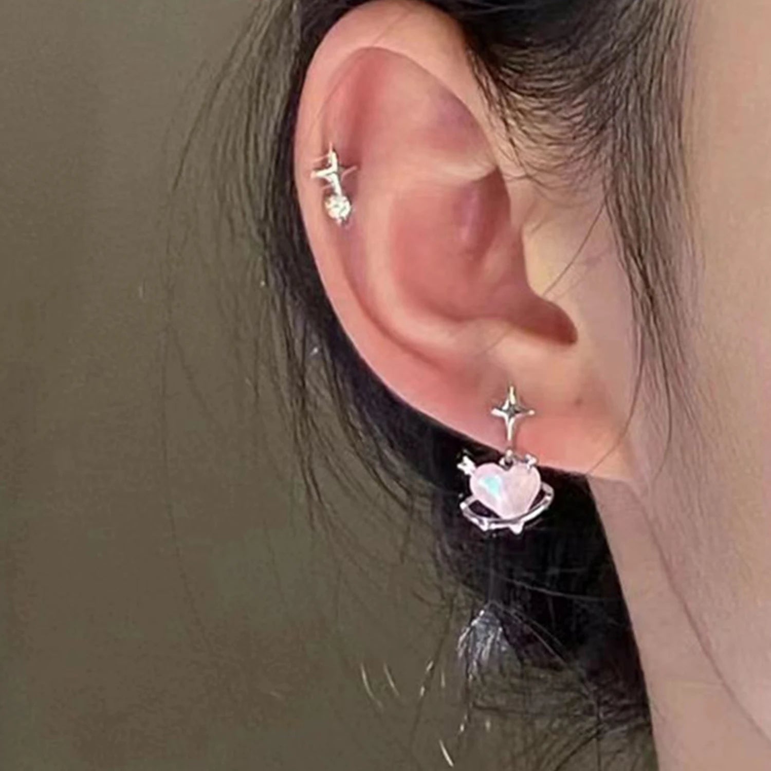 Dospita Trendy 3 Pairs/Set Pink Crystal  Heart Stud Earrings Pearl Star Silver Color Zircon Women Jewelry