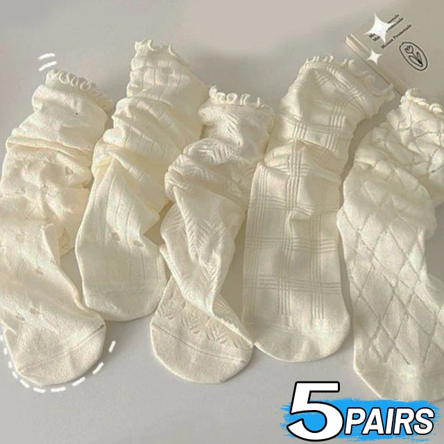 Dospita  -  1/5 Pairs Thin Hollow Socks Women Wooden Ear Edge Pleated Mid-tube Stockings Summer Lace Mesh Breathable Sweet Girls Ruffle Sock