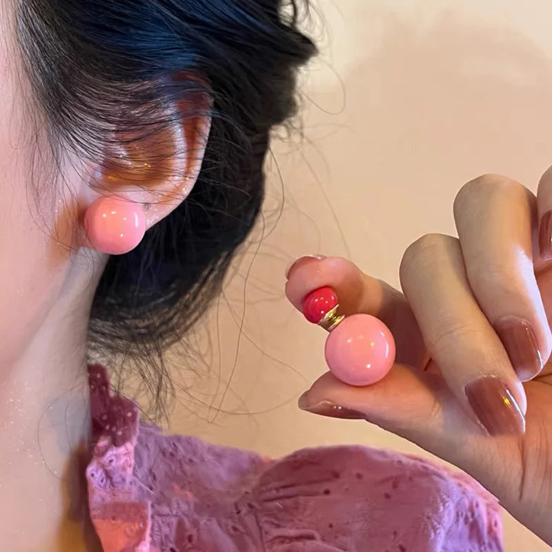 Dospita Double-sided Pearl Ball Stud Earrings Retro Candy Color Acrylic Personalized Bead Earring for Women Fashion Korean Jewelry Gift