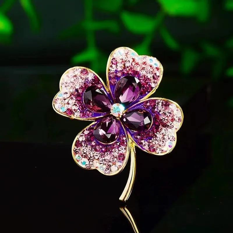 Dospita Korean High-End Multi Color Green Purple Red Pink Crystal Rhinestones 4 Leaf Clover Brooches Pins Women Clothing Accessories