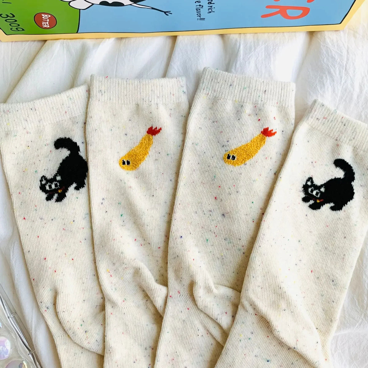 Dospita  -  1/2pairs New Autumn Vintage Dot Women Cat Fish Socks Cute Cartoon Cat Fish Pattern Middle Tube Socks Soft Thermal Warm Crew Sock