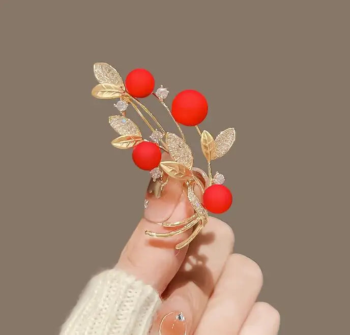 Dospita Fashion Red Ball CZ Crystal Flower Leaf Brooch For Women Rhinestone Wreath Tree Of Life Lapel Pin Dress Party Wedding Gifts