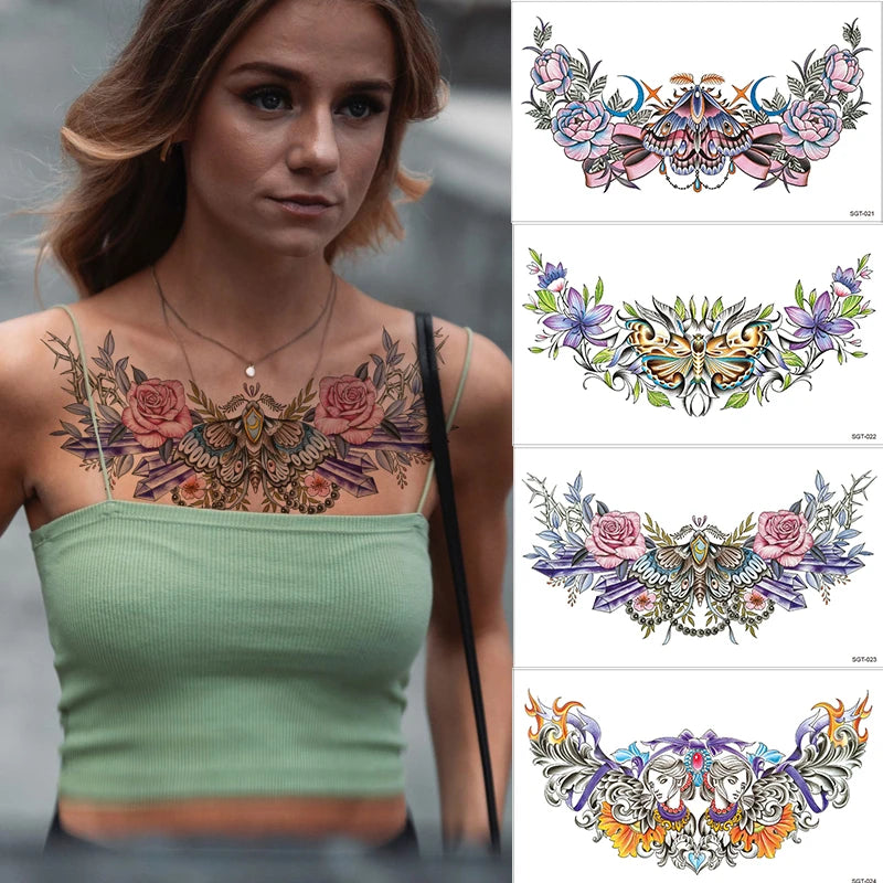 Dospita  -  4Pcs/lot Sexy Pendants Flower Flash Tattoo Sticker Women Chest Bracelet Waterproof Tatoo Makeup Temporary Tattoo Under Breast