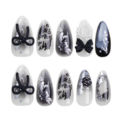 Dospita 24Pcs Elegant Black Almond Press-On Nail With Pearl Heart&Bow Accents-Glossy Finish Short Length Removable False Nails For Women