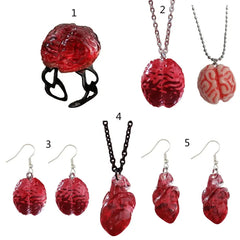 Dospita Halloween Ear Jewelry Red Brain/Heart Shaped Charm Necklace/Index Ringer Ring/Ear Rings Gothic Ear Pendants/Neckchain