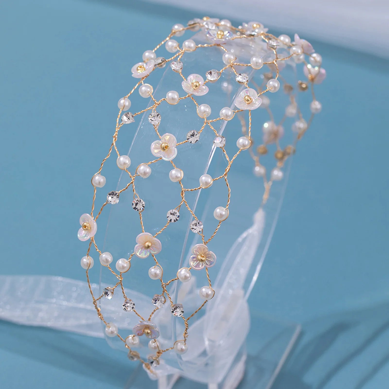 Dospita Fairy Fashion Flower Headbands Crystal Hairbands Pearl Headwear Bride Wedding Hair Accessories Ribbon Headpieces Hair Jewelry